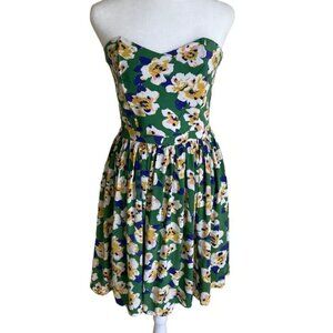 Pim + Larkin Strapless Sweetheart Neckline Green Floral Retro Skater Dress S